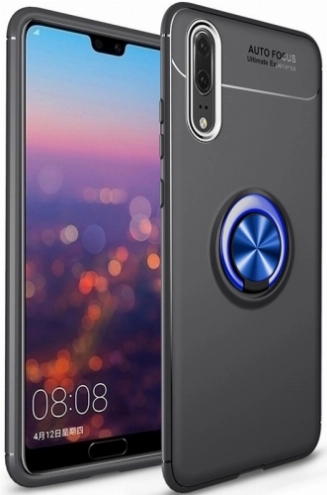 Huawei P20 Pro Kılıf Renkli Silikon Yüzüklü Standlı Auto Focus Ravel Kapak - Mavi - Siyah