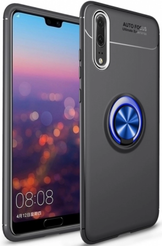 Huawei P20 Pro Kılıf Renkli Silikon Yüzüklü Standlı Auto Focus Ravel Kapak - Mavi - Siyah