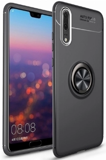 Huawei P20 Pro Kılıf Renkli Silikon Yüzüklü Standlı Auto Focus Ravel Kapak - Siyah