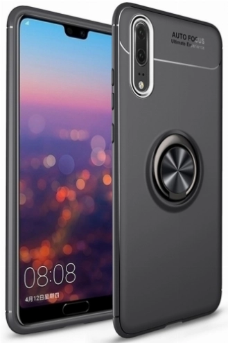 Huawei P20 Pro Kılıf Renkli Silikon Yüzüklü Standlı Auto Focus Ravel Kapak - Siyah