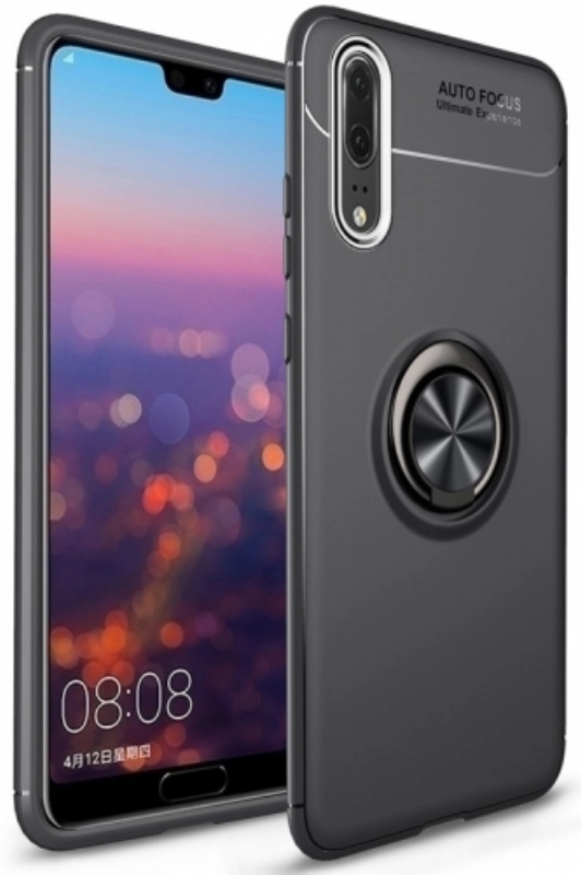 Huawei P20 Pro Kılıf Renkli Silikon Yüzüklü Standlı Auto Focus Ravel Kapak - Siyah