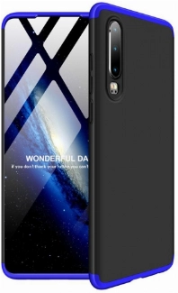 Huawei P30 Kılıf 3 Parçalı 360 Tam Korumalı Rubber AYS Kapak  - Mavi - Siyah