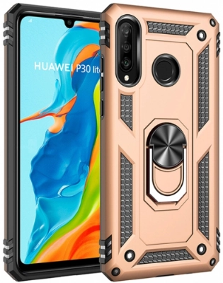 Huawei P30 Lite Kılıf Silikon Zırhlı Standlı Yüzüklü Mıknatıslı Tank Kapak - Gold