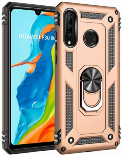 Huawei P30 Lite Kılıf Silikon Zırhlı Standlı Yüzüklü Mıknatıslı Tank Kapak - Gold