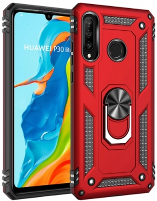 Huawei P30 Lite Kılıf Silikon Zırhlı Standlı Yüzüklü Mıknatıslı Tank Kapak - Kırmızı