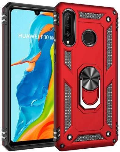 Huawei P30 Lite Kılıf Silikon Zırhlı Standlı Yüzüklü Mıknatıslı Tank Kapak - Kırmızı