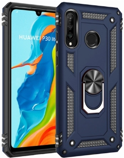 Huawei P30 Lite Kılıf Silikon Zırhlı Standlı Yüzüklü Mıknatıslı Tank Kapak - Lacivert