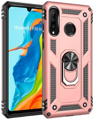 Huawei P30 Lite Kılıf Silikon Zırhlı Standlı Yüzüklü Mıknatıslı Tank Kapak - Rose Gold