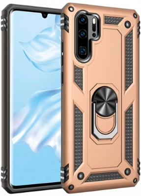 Huawei P30 Pro Kılıf Silikon Zırhlı Standlı Yüzüklü Mıknatıslı Tank Kapak - Gold