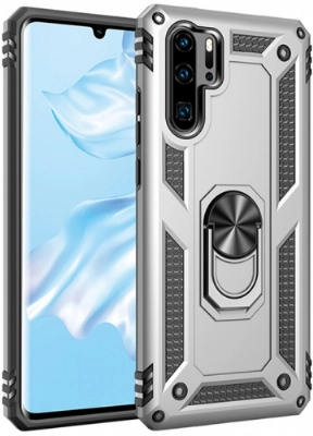 Huawei P30 Pro Kılıf Silikon Zırhlı Standlı Yüzüklü Mıknatıslı Tank Kapak - Gri