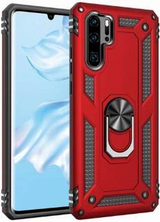 Huawei P30 Pro Kılıf Silikon Zırhlı Standlı Yüzüklü Mıknatıslı Tank Kapak - Kırmızı