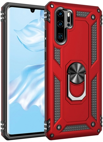 Huawei P30 Pro Kılıf Silikon Zırhlı Standlı Yüzüklü Mıknatıslı Tank Kapak - Kırmızı