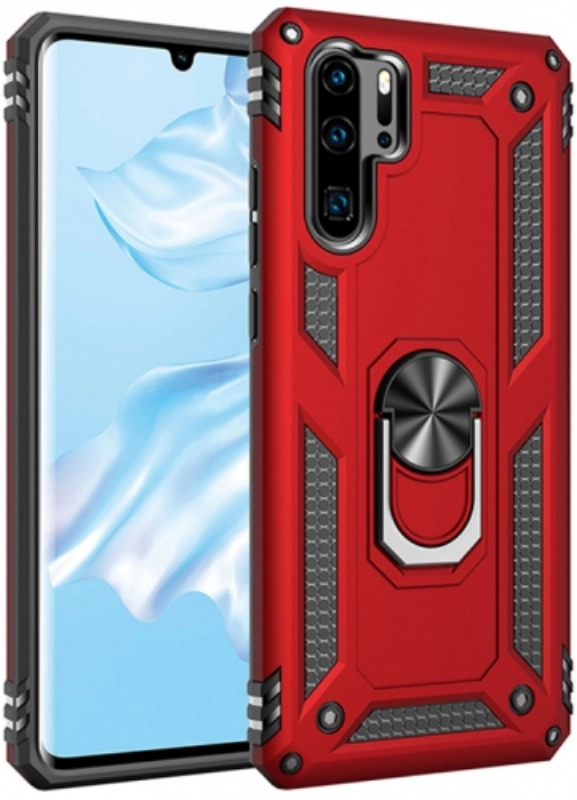 Huawei P30 Pro Kılıf Silikon Zırhlı Standlı Yüzüklü Mıknatıslı Tank Kapak - Kırmızı