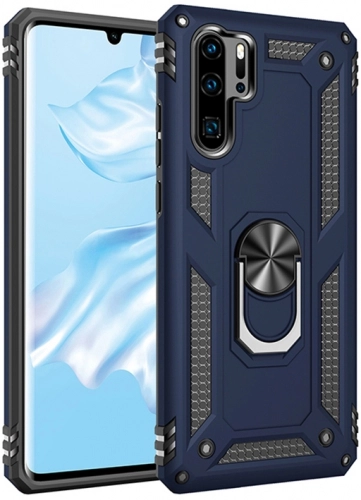 Huawei P30 Pro Kılıf Silikon Zırhlı Standlı Yüzüklü Mıknatıslı Tank Kapak - Lacivert