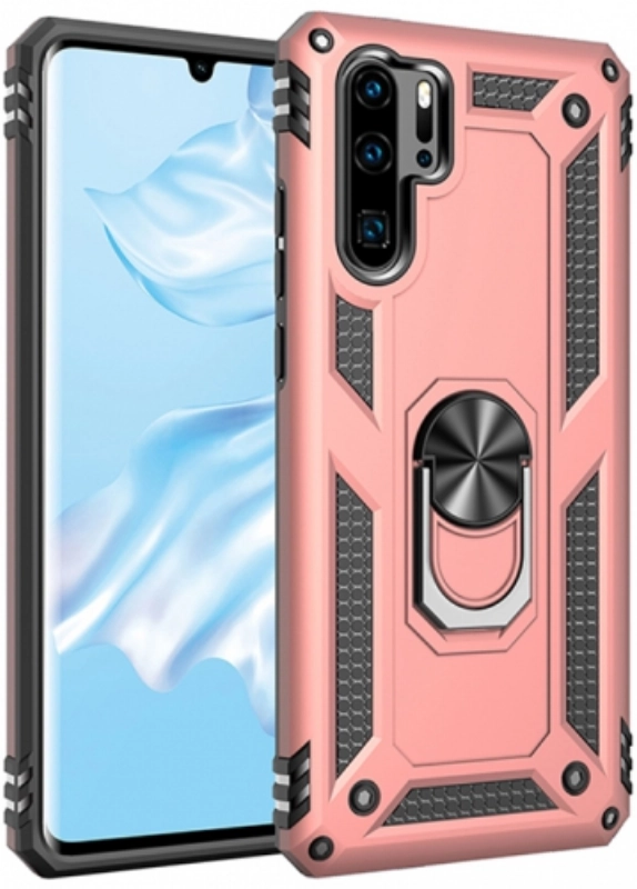 Huawei P30 Pro Kılıf Silikon Zırhlı Standlı Yüzüklü Mıknatıslı Tank Kapak - Rose Gold