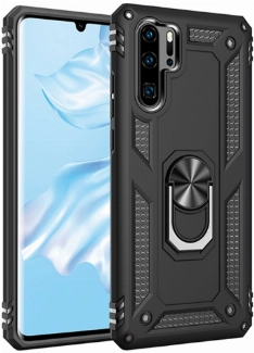 Huawei P30 Pro Kılıf Silikon Zırhlı Standlı Yüzüklü Mıknatıslı Tank Kapak - Siyah