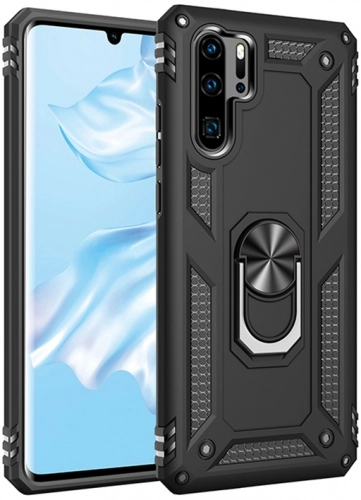 Huawei P30 Pro Kılıf Silikon Zırhlı Standlı Yüzüklü Mıknatıslı Tank Kapak - Siyah