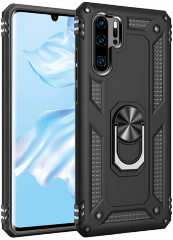 Huawei P30 Pro Kılıf Silikon Zırhlı Standlı Yüzüklü Mıknatıslı Tank Kapak - Siyah