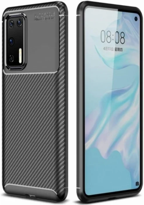 Huawei P40 Kılıf Karbon Serisi Mat Fiber Silikon Negro Kapak - Siyah