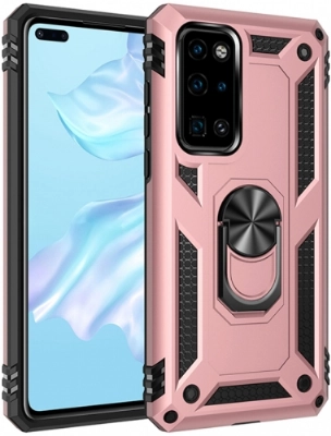 Huawei P40 Kılıf Silikon Zırhlı Standlı Yüzüklü Mıknatıslı Tank Kapak - Rose Gold