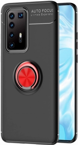 Huawei P40 Pro Kılıf Renkli Silikon Yüzüklü Standlı Auto Focus Ravel Kapak - Kırmızı - Siyah