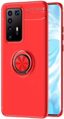 Huawei P40 Pro Kılıf Renkli Silikon Yüzüklü Standlı Auto Focus Ravel Kapak - Kırmızı