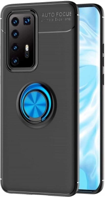 Huawei P40 Pro Kılıf Renkli Silikon Yüzüklü Standlı Auto Focus Ravel Kapak - Mavi - Siyah