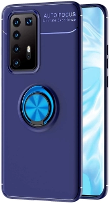 Huawei P40 Pro Kılıf Renkli Silikon Yüzüklü Standlı Auto Focus Ravel Kapak - Mavi