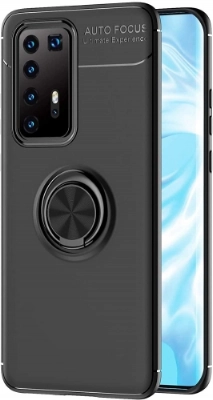 Huawei P40 Pro Kılıf Renkli Silikon Yüzüklü Standlı Auto Focus Ravel Kapak - Siyah