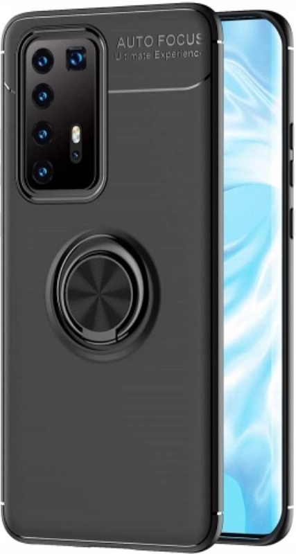 Huawei P40 Pro Kılıf Renkli Silikon Yüzüklü Standlı Auto Focus Ravel Kapak - Siyah