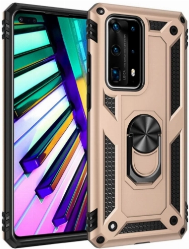 Huawei P40 Pro Kılıf Silikon Zırhlı Standlı Yüzüklü Mıknatıslı Tank Kapak - Gold