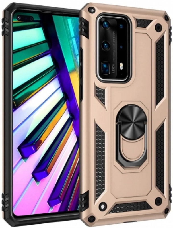 Huawei P40 Pro Kılıf Silikon Zırhlı Standlı Yüzüklü Mıknatıslı Tank Kapak - Gold