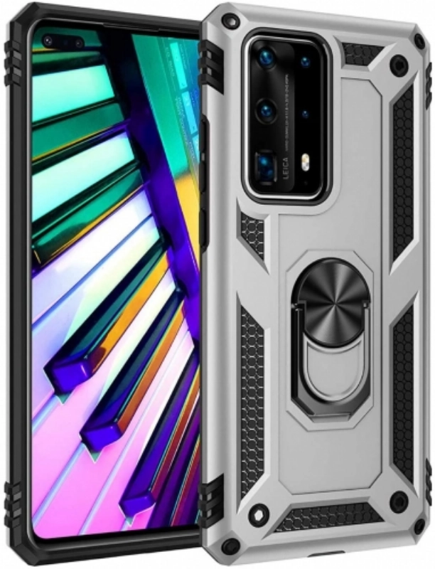 Huawei P40 Pro Kılıf Silikon Zırhlı Standlı Yüzüklü Mıknatıslı Tank Kapak - Gri