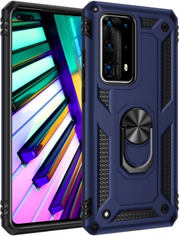 Huawei P40 Pro Kılıf Silikon Zırhlı Standlı Yüzüklü Mıknatıslı Tank Kapak - Lacivert