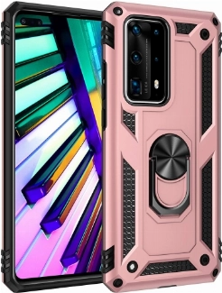 Huawei P40 Pro Kılıf Silikon Zırhlı Standlı Yüzüklü Mıknatıslı Tank Kapak - Rose Gold