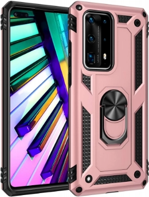 Huawei P40 Pro Kılıf Silikon Zırhlı Standlı Yüzüklü Mıknatıslı Tank Kapak - Rose Gold