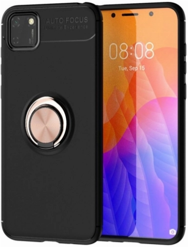 Huawei Y5p Kılıf Renkli Silikon Yüzüklü Standlı Auto Focus Ravel Kapak - Rose Gold