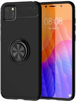 Huawei Y5p Kılıf Renkli Silikon Yüzüklü Standlı Auto Focus Ravel Kapak - Siyah