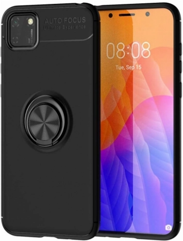 Huawei Y5p Kılıf Renkli Silikon Yüzüklü Standlı Auto Focus Ravel Kapak - Siyah