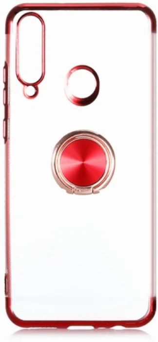 Huawei Y6p Kılıf Renkli Köşeli Yüzüklü Standlı Lazer Şeffaf Esnek Silikon - Kırmızı