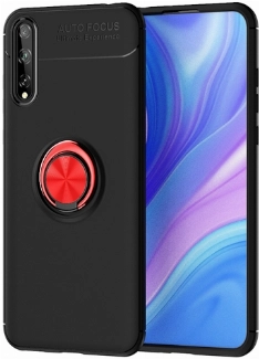 Huawei Y8p Kılıf Renkli Silikon Yüzüklü Standlı Auto Focus Ravel Kapak - Kırmızı - Siyah