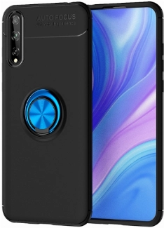 Huawei Y8p Kılıf Renkli Silikon Yüzüklü Standlı Auto Focus Ravel Kapak - Mavi - Siyah