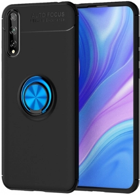 Huawei Y8p Kılıf Renkli Silikon Yüzüklü Standlı Auto Focus Ravel Kapak - Mavi - Siyah