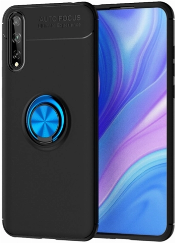 Huawei Y8p Kılıf Renkli Silikon Yüzüklü Standlı Auto Focus Ravel Kapak - Mavi - Siyah