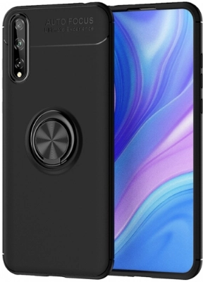 Huawei Y8p Kılıf Renkli Silikon Yüzüklü Standlı Auto Focus Ravel Kapak - Siyah