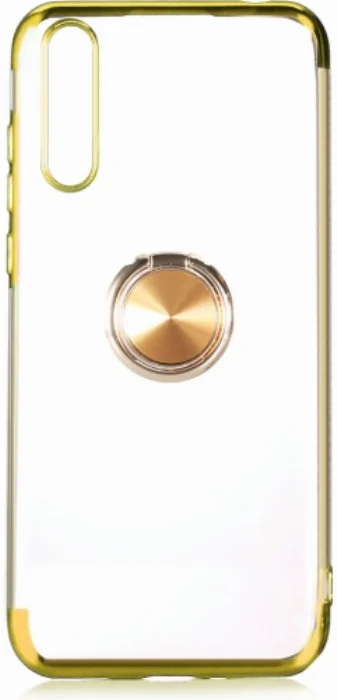 Huawei Y8p Kılıf Renkli Köşeli Yüzüklü Standlı Lazer Şeffaf Esnek Silikon - Gold