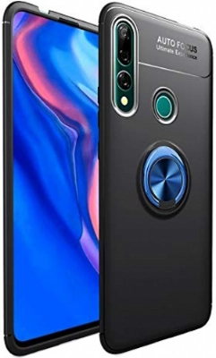 Huawei Y9 Prime 2019 Kılıf Renkli Silikon Yüzüklü Standlı Auto Focus Ravel Kapak - Mavi - Siyah