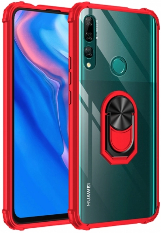 Huawei Y9 Prime 2019 Kılıf Standlı Arkası Şeffaf Kenarları Airbag Kapak - Kırmızı