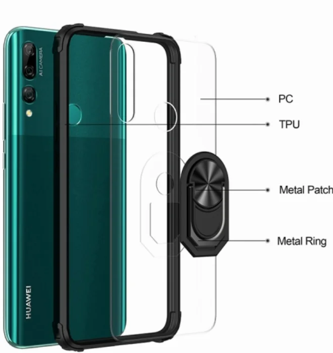 Huawei Y9 Prime 2019 Kılıf Standlı Arkası Şeffaf Kenarları Airbag Kapak - Siyah