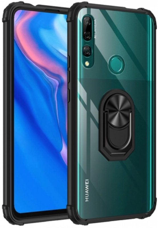 Huawei Y9 Prime 2019 Kılıf Standlı Arkası Şeffaf Kenarları Airbag Kapak - Siyah